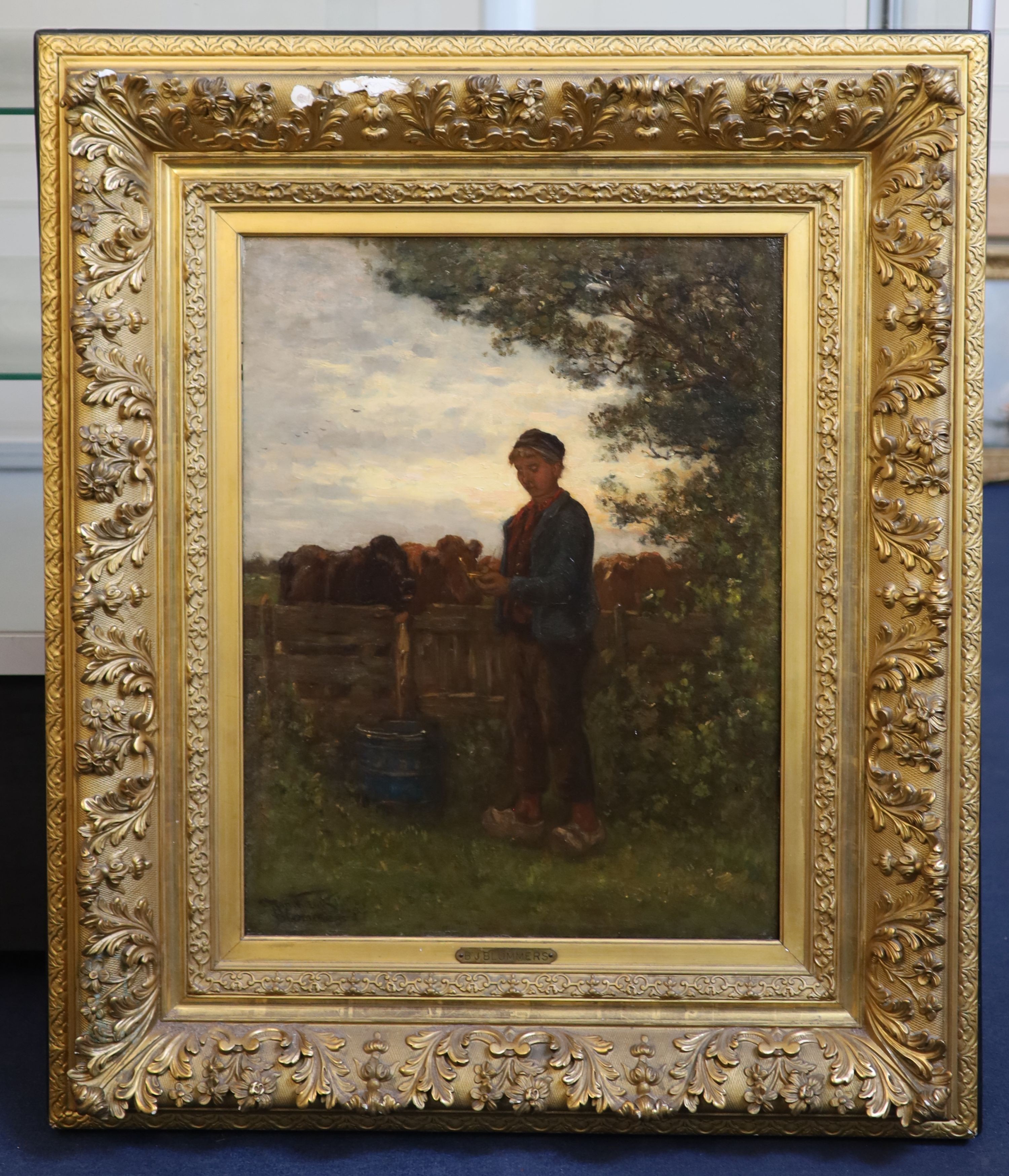 Bernardus Johannes Blommers (Dutch, 1845 - 1914), Farm hand taking a pinch of snuff with calves onlooking, oil on mahogany panel, 63 x 48cm